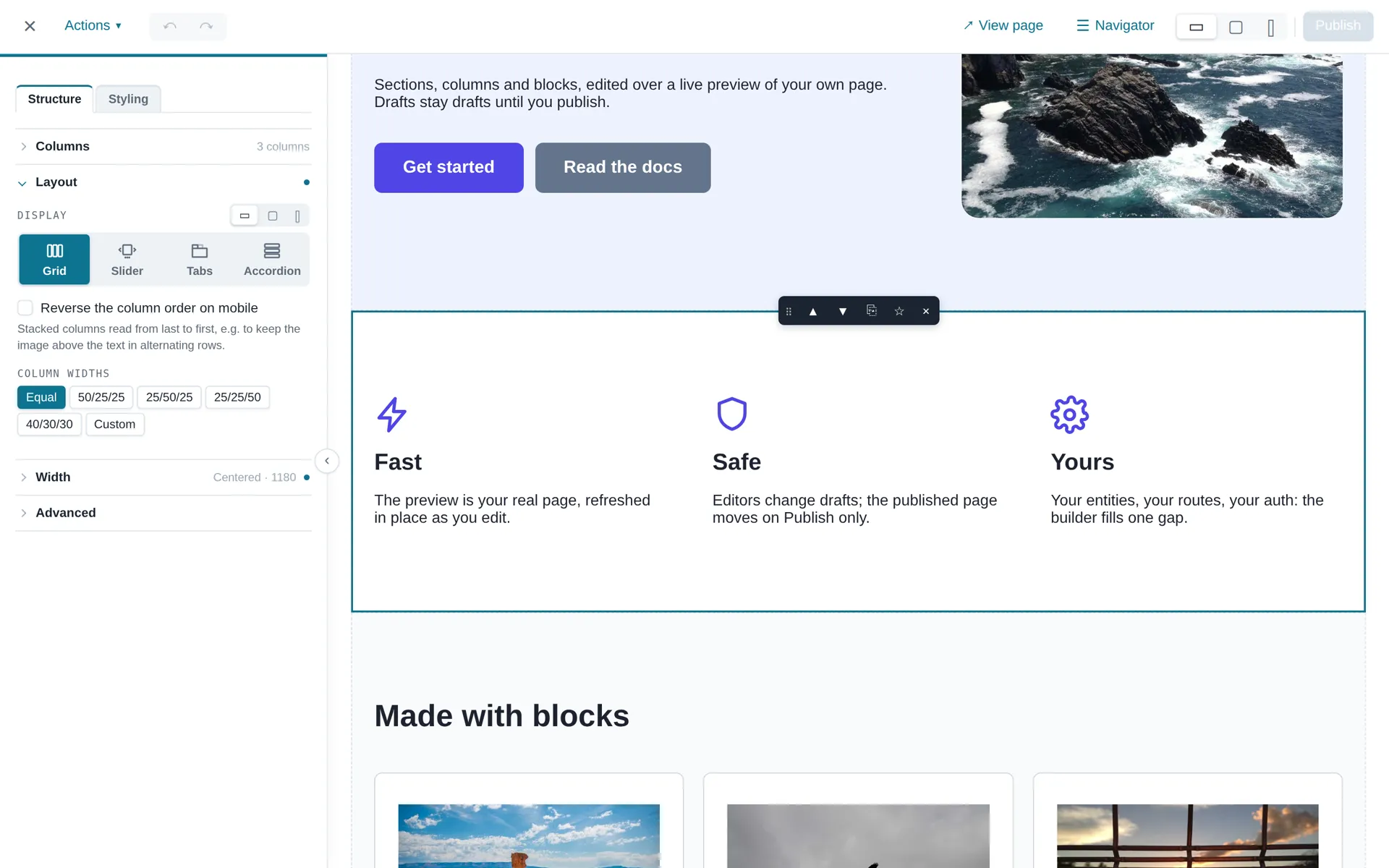 A section's sidebar, its layout panel open